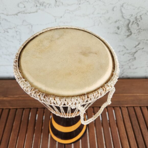 Hand-Carved African Djembe Drum | 15"H Goat Skin | Vintage Artisan Hand Drum - Picture 4 of 6